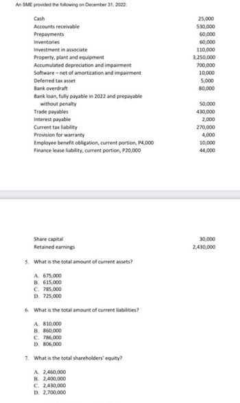 An SME provided the following on December 31, 2022:
Cash
Accounts receivable
Prepayments
Inventories
Investment in associate
Property, plant and equipment
Accumulated depreciation and impairment
Software - net of amortization and impairment
Deferred tax asset
Bank overdraft
Bank loan, fully payable in 2022 and prepayable
without penalty
Trade payables
Interest payable
Current tax liability
Provision for warranty.
Employee benefit obligation, current portion, P4,000
Finance lease liability, current portion, P20,000
Share capital
Retained earnings
5. What is the total amount of current assets?
A. 675,000
B. 615,000
C. 785,000
D. 725,000
6. What is the total amount of current liabilities?
A. 810,000
B. 860,000
C. 786,000
D. 806,000
7. What is the total shareholders' equity?
A. 2,460,000
B. 2,400,000
C. 2,430,000
D. 2,700,000
25,000
530,000
60,000
60,000
110,000
3,250,000
700,000
10,000
5,000
80,000
50,000
430,000
2,000
270,000
4,000
10,000
44,000
30,000
2,430,000