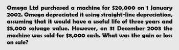 Omega Ltd purchased a machine for $20,000 on 1 January
2002. Omega depreciated it using straight-line depreciation,
assuming that it would have a useful life of three years and
$5,000 salvage value. However, on 31 December 2003 the
machine was sold for $8,000 cash. What was the gain or loss
on sale?