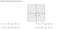 Which is the equation of the circle on the graph?
y
7
4
-7 -6 -5 -4 -3 -2
5 6 7
-1
2
-3
-4
-5
-6
-7
O A (2 – 1)² + (y + 1)² =
B. (x + 1)° + (y – 1)² =
2
о с.(и — 1)* + (у + 1)* 3 2
O D. (x + 1) + (y – 1)° = 4
