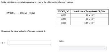 Initial rate data at a certain temperature is given in the table for the following reaction.
2 NOCI(g) 2 NO(g) + Cl₂(g)
Determine the value and units of the rate constant, k.
k =
[NOCI], (M)
0.600
0.750
0.900
Units:
Initial rate of formation of Cl₂ (M/s)
1.19 × 10-5
1.86 × 10-5
2.67 × 10-5