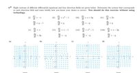 3. Eight systems of different differential equations and four direction fields are given below. Determine the system that corresponds
to each direction field and state briefly how you know your choice is correct. You should do this exercise without using
technology.
dr
(i)
dr
(ii)
(iii)
(iv)
=I+ 2y
= 2r
=y- 1
(v)
(vi)
dz
=-1
(vii)
= -1
(vii)
dr
=I- 2y
2y
(a)
(b)
(e)
(d)
