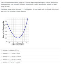 The graph shows the potential energy as a function of x-position for a particle in a one dimensional
potential energy. The particle is constraint to only move in the +/- x directions. Assume no other
forces do work.
The kinetic energy of the particle at x = 0 is 0.2 joules. At what points does the particle turn around?
See Ch 10.5 for discussion of energy diagrams.
0.6
0.5
0.4
0.3
0.2
0.1
-4
-2
4
x position (cm)
O about x = -5 cm and x = 4.5 cm
O at about x = -2.2 cm and x = 2 cm
O at about x = -4.3 cm and x = 3.8 cm
O at about x = -3.2 cm and x = 2.8 cm
O at about x = -4 cm and x = 3.2 cm
Potential Energy (J)
