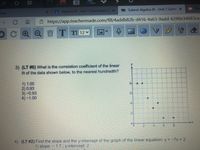 99+
sses
AAlgebra IR-Unit 2 Summative (cX
Submit Algebra IR - Unit 2 Sumn X
Kin
https://app.teachermade.com/fill/4addb82b-d416-4a63-9add-6290e34683ca
T T 12 v
3) (LT #6) What is the correlation coefficient of the linear
fit of the data shown below, to the nearest hundredth?
1) 1.00
2) 0.93
3)-0.93
4)-1.00
..
6.
4.
2.
8.
4) (LT #2) Find the slope and the y-intercept of the graph of the linear equation: y = -7x+ 2
1) slope: - 17; y-intercept: 2
