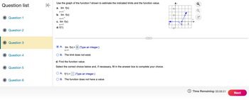 Question list
Question 1
Question 2
Question 3
Question 4
Question 5
Question 6
K
Use the graph of the function f shown to estimate the indicated limits and the function value.
a. lim f(x)
X→1
b. lim f(x)
X→1+
c. lim f(x)
X→1
d. f(1)
A. lim f(x)=0 (Type an integer.)
X→1
B. The limit does not exist.
d. Find the function value.
Select the correct choice below and, if necessary, fill in the answer box to complete your choice.
A. f(1) =
(Type an integer.)
B. The function does not have a value.
4-
>
4
X
Q
Time Remaining: 00:06:51
Next