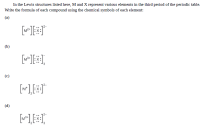 In the Lewis structures listed here, M and X represent various elements in the third period of the periodic table.
Write the formula of each compound using the chemical symbols of each element:
(a)
(b)
(c)
(d)
