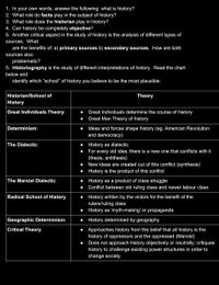 1. In your own words, answer the following: what is history?
2. What role do facts play in the subject of history?
3. What role does the historian play in history?
4. Can history be completely objective?
5. Another critical aspect in the study of history is the analysis of different types of
sources. What
are the benefits of: a) primary sources b) secondary sources. How are both
sources also
problematic?
5. Historiography is the study of different interpretations of history. Read the chart
below and
identify which "“school" of history you believe to be the most plausible:
Historian/School of
Theory
History
Great Individuals Theory:
Great Individuals determine the course of history
Great Man Theory of history
Determinism:
Ideas and forces shape history (eg. American Revolution
and democracy)
• History as dialectic
For every old idea, there is a new one that conflicts with it
The Dialectic:
(thesis, antithesis)
New ideas are created out of this conflict (synthesis)
History is the product of this conflict
• History as a product of class struggle
Conflict between old ruling class and newer labour class
The Marxist Dialectic:
Radical School of History
• History written by the victors for the benefit of the
rulers/ruling class
• History as 'myth-making' or propaganda
Geographic Determinism:
History determined by geography
Critical Theory
Approaches history from the belief that all history is the
history of oppressors and the oppressed (Marxist)
Does not approach history objectively or neutrally; critiques
history to challenge existing power structures in order to
change society
