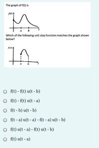 The graph of f(t) is
a
Which of the following unit step function matches the graph shown
below?
f(t) - f(t) u(t - b)
O f(t) - f(t) u(t - a)
O f(t - b) u(t - b)
O f(t - a) u(t - a) - f(t - a) u(t - b)
O f(t) u(t - a) - f(t) u(t - b)
O f(t) u(t - a)
