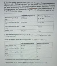 1. The Felix Company uses a job-costing system at its Texas plant. The plant has a machining
department and a finishing department. Felix uses normal costing with two direct-cost
categories (direct materials and direct manufacturing labor) and two manufacturing overhead
cost pools (the machining department with machinebours as the allocation base and the
finishing department with direct manufacturing labor costs as the allocation base). The 2017
budget for the plant is as follows:
Machining Department
Finishing Department
Manufacturing overhead
$9,065,000
$8,181,000
costs
Direct manufacturing labor
$970,000
$2,727,000
costs
Direct manufacturing labor-
36,000
155,000
hours
Machine-hours
259,000
37,000
a. What is the budgeted manufacturing overhead rate in the machining department? In the
finishing department?
During the month of January, the job-cost record for Job 431 shows the following:
Machining Department
Finishing Department
Direct materials used
$13.000
$ 5,000
Direct manufacturing labor
$ 1250
006 S
Costs
Direct manufacturing labor-
20
70
hours
Machine-hours
140
20
b. Compute the total manufacturing overhead cost allocated to Job 431.
c. Assuming that Job 431 consisted of 300 units of product, what is the cost per unit?
