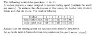 The following is used for questions 10 to 13 .
A teacher proposes a course designed to increase reading speed (measured by words
per minute). To evaluate the effectiveness of this course, the teacher tests students
before and after the course. The result is following:
Student
1
2
3
4
Speed before class
Speed after class
167
169 210
100
160
120
200
136 170
135
Assume that the reading speeds are approximately normally distributed.
Let ua be the mean difference between two populations (i.e., Ad = Mbe fore Mafter).
