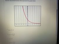 **Transcription and Analysis for Educational Website**

---

**Task:**

Find the exponential function that represents the graph shown.

**Graph Description:**

The graph presented is a downward-sloping exponential curve, starting from high positive values on the left and approaching zero as it moves to the right. The x-axis ranges from -5 to 5, and the y-axis ranges from -2 to 18. The red curve demonstrates exponential decay.

**Multiple-Choice Options:**

1. \( f(x) = \frac{1}{2} \cdot 4^x \)

2. \( f(x) = 4 \left( \frac{1}{4} \right)^x \)

3. \( f(x) = 2^x \)

4. \( f(x) = 4 \left( \frac{1}{2} \right)^x \)

**Explanation of the Graph:**

- The graph shows exponential decay, typically characterized by a function where the base of the exponent is between 0 and 1.
- The behavior of the graph suggests it matches one of the given functions based on its asymptotic trend towards the x-axis.

**Conclusion:**

Analyze the functions to determine which one represents the graph accurately. Functions with a base of less than 1 in the exponent will show decay, similar to the red curve in the graph.