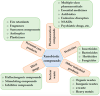 o Multiple-class
pharmaceuticals
o Essential medicines
o Antibiotics
o Endocrine disruptors
o NSAIDS
o Psychiatric drugs, etc.
o Fire retardants
o Fragrances
o Sunscreen components
o Antiseptics
o Plasticizers
Personal care
products
o Insecticides
o Bactericides
o Herbicides
o Fungicides
Pesticides
Xenobiotic
compounds
Other industrial
Illicit
products
drugs
o Hallucinogenic compounds
o Stimulating compounds
o Inhibitor compounds
o Organic wastes
o Inorganic wastes
o e-waste
o Heavy metals
Nuclear
Pharmaceutical
waste
compounds
