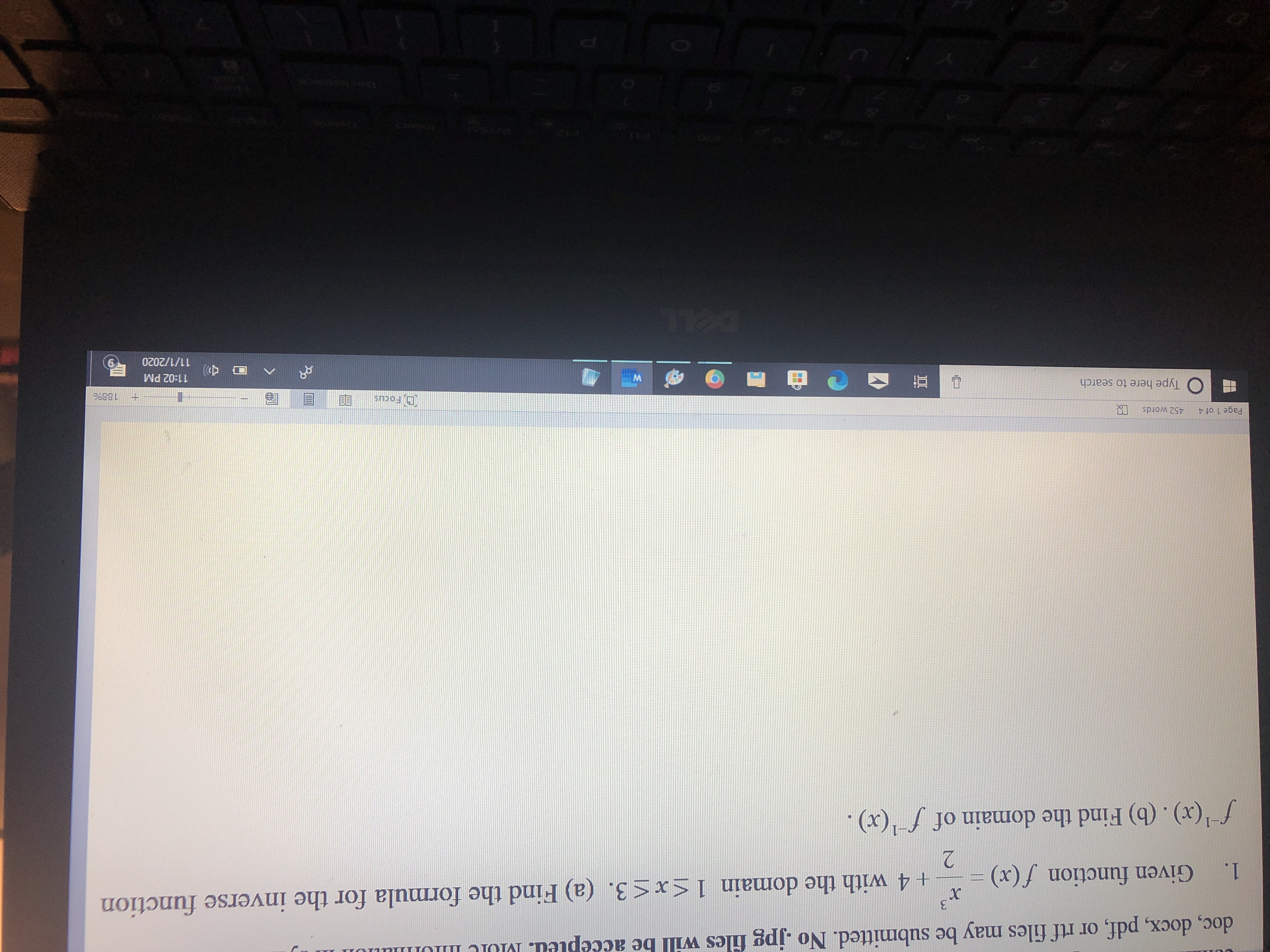 Certainly! Here's the transcribed text tailored for an educational website:

---

### Mathematics Exercise: Inverse Functions

**Problem Statement:**

1. Given the function \( f(x) = \frac{x^3}{2} + 4 \) with the domain \( 1 \leq x \leq 3 \):

   a) Find the formula for the inverse function \( f^{-1}(x) \).

   b) Determine the domain of \( f^{-1}(x) \).

---

For visual aids accompanying this problem, consider diagrams illustrating the function \( f(x) \) and its inverse \( f^{-1}(x) \). These diagrams can include:

- **Graph of \( f(x) \):** A cubic graph opening to the right, showing the range for \( x \) within [1, 3]. 

- **Graph of \( f^{-1}(x) \):** A reflection of the graph of \( f(x) \) over the line \( y = x \), illustrating the domain and range swap for the inverse function.

These visualizations can help in understanding the transformation from the original function to its inverse.

---