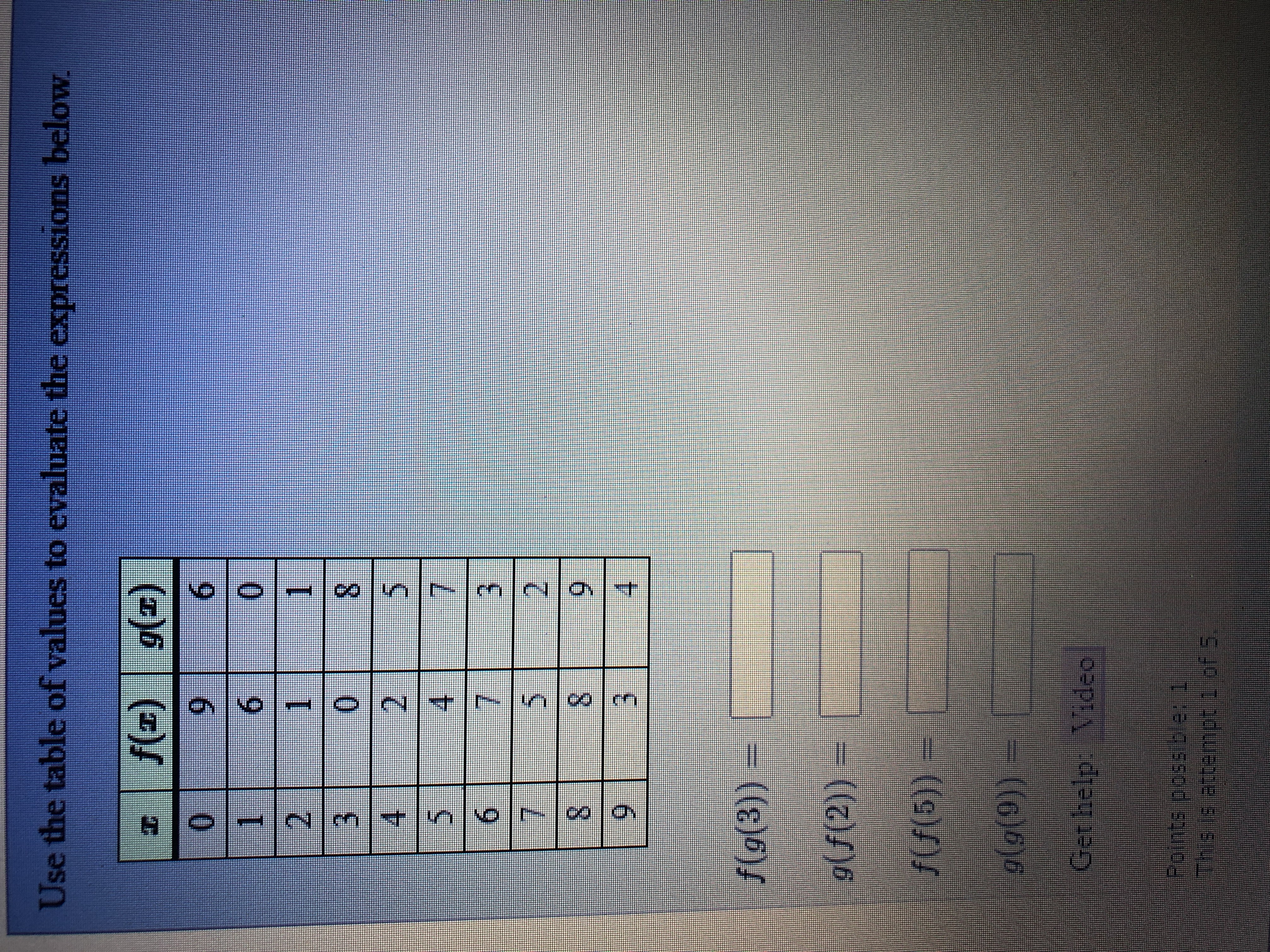 **Use the table of values to evaluate the expressions below.**

| \( x \) | \( f(x) \) | \( g(x) \) |
|---------|----------|----------|
| 0       | 9        | 6        |
| 1       | 6        | 0        |
| 2       | 1        | 1        |
| 3       | 0        | 8        |
| 4       | 2        | 5        |
| 5       | 4        | 7        |
| 6       | 7        | 3        |
| 7       | 5        | 2        |
| 8       | 8        | 9        |
| 9       | 3        | 4        |

**Evaluate the following:**

- \( f(g(3)) =\) ______________

- \( g(f(2)) =\) ______________

- \( f(f(5)) =\) ______________

- \( g(g(9)) =\) ______________

**Get help:** [Video]

**Points possible:** 1  
**This is attempt 1 of 5.**

**Explanation:**

This table provides values for two functions, \( f(x) \) and \( g(x) \), for integer values of \( x \) from 0 to 9. Use this table to find the outcomes of composite function expressions by substituting values sequentially.