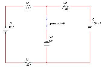 V
-12V
R1
60
L1
www.
1.25H
opens at t=0
FUH
R2
1.50
V2
6V
de
C1
100m F