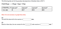 The following data are for the gas phase decomposition of dimethyl ether at 500 °C.
CH3OCH3(g) → CH4(g) + H2(g) + CO(g)
3.26x10-2
22.7
[ CH3OCH3 ], M 6.51×10-2
1.63×10-2
8.15x103
time, min
45.4
68.1
Hint: It is not necessary to graph these data.
(1)
The half life observed for this reaction is |
min .
(2)
Based on these data, the rate constant for this
order reaction is
min -1.
