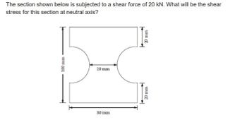 The section shown below is subjected to a shear force of 20 KN. What will be the shear
stress for this section at neutral axis?
100 mm
20 mm
80 mm
+
20 mm
20 mm