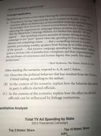 increasingly clear, however, I joined several former ACLU leaders..
that the Bipartisan Campaign Reform Act limited free speech]. We have
campaign is not “pure" speech when the spending level is so high that it
of the speech... that massive campaign spending by 'independenť entities
The following is from a news report during the 2016 presidential campaign.
argued... that spending massive amounts of money during an election
opposing the organization's campaign finance position [on Citizens United
poses a serious risk of postelection corruption; and that corporations lack
corrosive effects on democracy of uncontrolled campaign spending became
drowns out competing voices...; that a compelling interest in equality
justifies preventing wealthy speakers from buying up an unfair proportion
FREE-RESPONSE QUESTIONS
Concept Application
...in
...
..
the attributes of conscience and human dignity that justify free-speech
protection."
-Burt Neuborne, The Nation, March 21, 2012.
After reading the scenario, respond to A, B, and C below:
(A) Describe the political behavior that has resulted from the Citizens
United ruling, according to the author.
(B) In the context of the scenario, explain how the behavior described
in part A affects elected officials.
(C) In the context of the scenario, explain how the effect on elected
officials can be influenced by linkage institutions.
antitative Analysis
Total TV Ad Spending by State
(2012 Presidential Campaign)
Top 10 States' Share
3.8%
Top 3 States' Share
