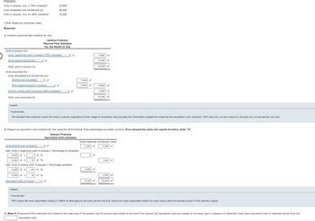 Production:
Units in process, July 1, 70% complete*
Units completed and transferred out
10,800
88,000
Units in process, July 31, 80% complete*
15,000
*With respect to conversion costs.
Required:
1. Prepare a physical flow schedule for July.
Jackson Products
Physical Flow Schedule
For the Month of July
Units to account for:
Units, beginning work is process (70% complete)
Units started during July
Total units to account for
Units accounted for:
Units completed and transferred out:
Started and completed
From beginning work in process
Units in ending work in process (80% complete)
Total units accounted for
Feedback
Check My Work
10,800
92.200
103,000
77,200
10,800✓
88,000
15,000
103,000
The physical flow schedule traces the units in process regardless of their stage of completion and provides the information needed for preparing the equivalent units schedule. FIFO uses only current output to calculate the current-period unit cost.
2. Prepare an equivalent units schedule for July using the FIFO method. Enter percentages as whole numbers. If an amount box does not require an entry, enter "0".
Jackson Products
Equivalent Units Schedule
Direct Materials Conversion Costs
77,200 V
77.200✔
Units started and completed
Add: Units in beginning work in process x Percentage to complete:
10,800 x
10,800 x
30 %
Add: Units in ending work in process x Percentage complete:
15,000 x
100 %
15,000 x
80 %
Equivalent units of output
Feedback
3,240
15,000
12,000
92,200
92,440
▼ Check My Work
FIFO treats the work (equivalent output) in BWIP as belonging to the prior period and only counts the work (equivalent output for each input) done this period as part of this period's output.
3. What if 70 percent of the materials were added at the beginning of the process and 30 percent were added at the end of the process (all ingredients used are treated as the same type or category of materials)? How many equivalent units of materials would there be?
equivalent units