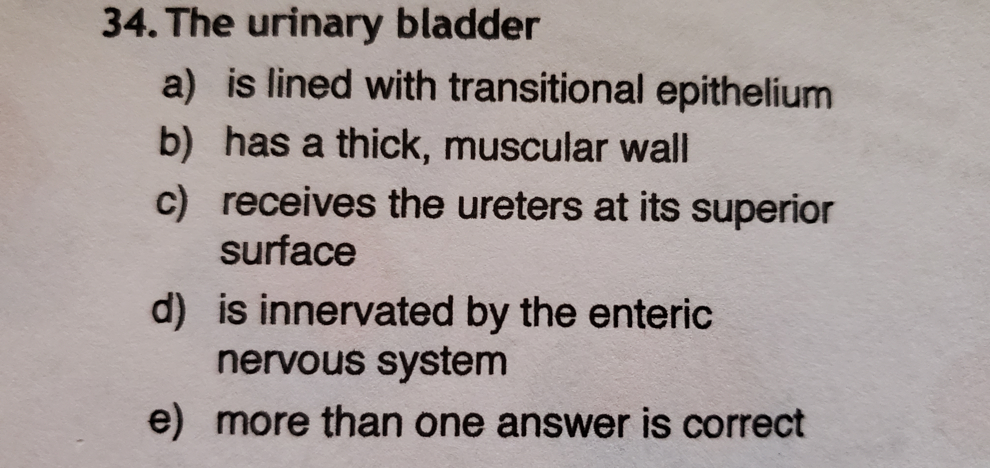 34. The urinary bladder
a) is lined with transitional epithelium
b) has a thick, muscular wall
c) receives the ureters at its superior
surface
d) is innervated by the enteric
nervous system
e) more than one answer is correct
