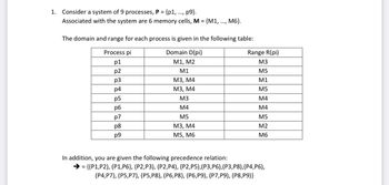 1. Consider a system of 9 processes, P = {p1, ..., p9}.
Associated with the system are 6 memory cells, M = {M1, ..., M6}.
The domain and range for each process is given in the following table:
Process pi
Domain D(pi)
p1
M1, M2
p2
M1
p3
M3, M4
p4
M3, M4
p5
p6
p7
p8
p9
M3
M4
M5
M3, M4
M5, M6
Range R(pi)
M3
M5
M1
M5
M4
M4
M5
M2
M6
In addition, you are given the following precedence relation:
→= {(P1, P2), (P1, P6), (P2, P3), (P2, P4), (P2, P5),(P3, P6), (P3, P8),(P4,P6),
(P4,P7), (P5,P7), (P5,P8), (P6,P8), (P6,P9), (P7,P9), (P8, P9)}