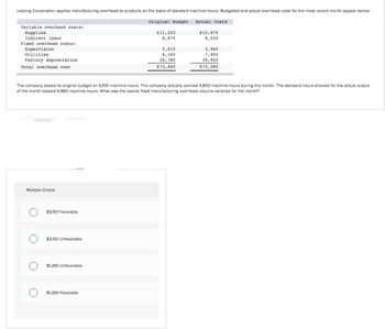 Lossing Corporation applies manufacturing overhead to products on the basis of standard machine-hours. Budgeted and actual overhead costs for the most recent month appear below:
Original Budget
Variable overhead costs:
Supplies
Indirect labor.
Fixed overhead costs:
Supervision
Utilities
Factory depreciation.
Total overhead cost.
Multiple Choice
O
$3,150 Favorable
$3,150 Unfavorable
The company based its original budget on 5,100 machine-hours. The company actually worked 4,800 machine-hours during the month. The standard hours allowed for the actual output
of the month totaled 4,980 machine-hours. What was the overall fixed manufacturing overhead volume variance for the month?
$1,260 Unfavorable
$11,220
8,670
$1,260 Favorable
5,610
8,160
39,780
$73,440
Actual Costs
$10,670
8,030
5,940
7,990
39,950
$72,580