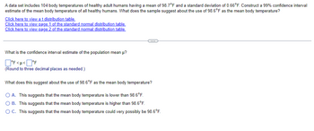 **Title: Confidence Interval Estimation of Mean Body Temperature**

A data set includes 104 body temperatures of healthy adult humans, having a mean of 98.7°F and a standard deviation of 0.66°F. Construct a 99% confidence interval estimate of the mean body temperature of all healthy humans. What does the sample suggest about the use of 98.6°F as the mean body temperature?

- Click here to view a t distribution table.
- Click here to view page 1 of the standard normal distribution table.
- Click here to view page 2 of the standard normal distribution table.

---

**What is the confidence interval estimate of the population mean μ?**

\[ \_\_\_ °F < μ < \_\_\_ °F \]

(Round to three decimal places as needed.)

**What does this suggest about the use of 98.6°F as the mean body temperature?**

- A. This suggests that the mean body temperature is lower than 98.6°F.
- B. This suggests that the mean body temperature is higher than 98.6°F.
- C. This suggests that the mean body temperature could very possibly be 98.6°F.

---

*Note: This section is aimed at helping students understand statistical concepts related to confidence intervals and their implications on interpreting mean values in a population.*