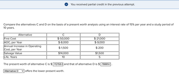 Compare the alternatives C and D on the basis of a present worth analysis using an interest rate of 15% per year and a study period of
10 years.
Alternative
Alternative D
You received partial credit in the previous attempt.
с
$-50,000
$-8,000
$-1,500
$14,000
10
D
$-21,000
$-9,000
$-200
$1,500
5
First Cost
AOC, per Year
Annual Increase in Operating
Cost, per Year
Salvage Value
Life, Years
The present worth of alternative C is $-112158.8 and that of alternative D is $-78889.C
offers the lower present worth.