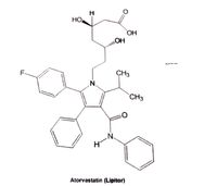 ### Atorvastatin (Lipitor)

**Chemical Structure Overview:**

The image depicts the chemical structure of Atorvastatin, commonly known by the brand name Lipitor. This is a complex organic compound that features multiple functional groups and rings, characteristic of many pharmaceutical agents used in the management of cholesterol levels.

**Key Structural Features:**

1. **Hydroxyl Groups (OH):** Present at the top left of the structure, hydroxyl groups are indicative of alcohols and influence the solubility and reactivity of the compound.

2. **Carbonyl Group (C=O):** This group appears within the main chain and influences the compound's polarity and interaction with biological systems.

3. **Fluorophenyl Ring (F):** Located on the left side, the presence of a fluorine atom attached to a benzene ring impacts the molecule's lipophilicity and resistance to metabolic breakdown.

4. **Tert-butyl Group (C(CH3)3):** A bulky group that can affect the compound’s bioavailability and interaction with receptor binding sites.

5. **Pyrrole Ring (N):** A nitrogen-containing five-membered ring that contributes to the structural complexity and potential for specific biochemical interactions.

**Biological and Pharmacological Context:**

Atorvastatin is a widely used statin medication that helps lower cholesterol levels in the blood, thereby reducing the risk of cardiovascular diseases. It functions by inhibiting the enzyme HMG-CoA reductase, key in the mevalonate pathway of cholesterol synthesis in the liver.

Understanding the chemical structure of Atorvastatin is crucial for insights into its pharmacokinetics and pharmacodynamics, guiding its clinical use and development of similar therapeutic agents.