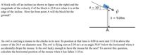 A block rolls off an incline (as shown in figure on the right) and the
magnitude of the velocity i of the block is 22.0 m/s when it is at the
edge of the incline. How far from point A will the block hit the
ground?
e = 30°
h =
9.00m
A
An owl is carrying a mouse to the chicks in its nest. Its position at that time is 4.00 m west and 11.0 m above the
center of the 36.0 cm diameter nest. The owl is flying east at 3.50 m/s at an angle 30.0° below the horizontal when it
accidentally drops the mouse. Is the owl lucky enough to have the mouse hit the nest? To answer this question,
calculate the horizontal position of the mouse when it has fallen 11.0 m.
