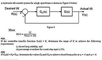 A hydraulic tilt control system for a high-speed train is shown in Figure 4 below.
Desired tilt
R(s)
Where
G(s) =
12
70s (s + 10)
Gc(s)
Figure 4
G(s)
Actual tilt
Y(s)
4(a).
If the controller transfer function Ge(s) = K. determine the range of K to achieve the following
requirements
i) closed-loop stability, and
ii) percentage overshoot for a unit-step input ≤ 5%,
4(b)
If Ge(s)=Kp+Kps, determine the values Kp and Kp to achieve closed-loop poles at s; = -5 and s₂ = -6.