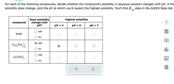 For each of the following compounds, decide whether the compound's solubility in aqueous solution changes with pH. If the
solubility does change, pick the pH at which you'd expect the highest solubility. You'll find K data in the ALEKS Data tab.
sp
Does solubility
highest solubility
compound
change with
pH?
pH = 4
pH = 6
pH = 7
NaBr
yes
no
Ca, (PO4)2
Ca(OH)2
yes
no
yes
no
☑
?
000
18
Ar