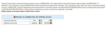 Grand Corporation reported pretax book income of $600,000. Tax depreciation exceeded book depreciation by $400,000. In
addition, the company received $300,000 of tax-exempt municipal bond interest. The company's prior-year tax return showed taxable
income of $50,000. Grand's beginning book (tax) basis in its fixed assets was $2,000,000 ($1,800,000) and its ending book (tax) basis
is $2,500,000 ($1,900,000). Compute the company's current income tax expense or benefit.
Note: Leave no answer blank. Enter N/A or zero.
Answer is complete but not entirely correct.
Current income tax
Deferred income tax
N/A
$
0
expense
$ 120,000 (