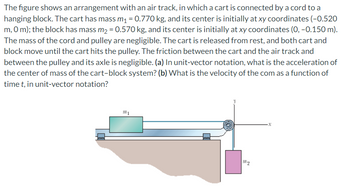 The figure shows an arrangement with an air track, in which a cart is connected by a cord to a
hanging block. The cart has mass m₁ = 0.770 kg, and its center is initially at xy coordinates (-0.520
m, 0 m); the block has mass m₂ = 0.570 kg, and its center is initially at xy coordinates (0, -0.150 m).
The mass of the cord and pulley are negligible. The cart is released from rest, and both cart and
block move until the cart hits the pulley. The friction between the cart and the air track and
between the pulley and its axle is negligible. (a) In unit-vector notation, what is the acceleration of
the center of mass of the cart-block system? (b) What is the velocity of the com as a function of
time t, in unit-vector notation?
CA
201
100
1₂
·x