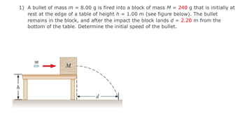 1) A bullet of mass m = 8.00 g is fired into a block of mass M = 240 g that is initially at
rest at the edge of a table of height h = 1.00 m (see figure below). The bullet
remains in the block, and after the impact the block lands d = 2.20 m from the
bottom of the table. Determine the initial speed of the bullet.
m
↑
M