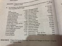 Salaries Expense
and Balance Sheet.
F
P 120,000
75,000
20,000
204,500
22,000
D.
fiscal year ending May 31 20O0B:
Cash
Note Receivable
Accounts Receivable
Allow. for Impairment Loss
Prepaid Advertising
Unexpired Insurance
Supplies Inventory
Interest Receivable
4,000 M. Lanza Capital
57,880 M Lanza Drawing
3,280 Service Income
10,000 Rental Income
6,000 Interest Income
1,260 Salaries Expense
40 Rent Expense
36,800 Utilities Expense
1,840 Supplies Expense
50,000 Advertising Expense
40
114,600
30,000
8,250
4,160
40,000
24,000
12,000
Furniture & Fixtures
Accum. Dep'n.- Furn. & Fixt.
Office Equipment
Accum. Dep’n.– Office Eqpmt. 2,500 Insurance Expense
Note Payable (short-term)
Accounts Payable
Utilities Payable
Interest Payable
|
|
2,000 Taxes & Licenses
24,250 Interest Expense
4,250 Impairment Loss
10 Depreciation - Furn. & Fixt.
2,000 Depreciation - Office Eqpmt.
200
280
840
Unearned Rental
500
REQUIRED: Prepare the Income Statement, Statement of Changes in Owner's Equity
ảnd Balance Sheet.
