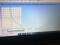 ### Writing an Equation for a Transformed Logarithm

**Problem Statement:**
Write an equation for the transformed logarithm shown below that passes through the points \((0,0)\) and \((2,-3)\).

**Graph Description:**
The graph is a plot on a coordinate grid. The x-axis ranges from -5 to 5, and the y-axis ranges from -5 to 5. The graph features a blue curve representing a logarithmic function, which passes through the origin \((0,0)\) and the point \((2,-3)\).

- The curve starts at the point \((0,0)\) and descends towards the point \((2,-3)\), showing a transformed logarithmic behavior.
  
- The red dashed line at \(x = -1\) likely indicates a vertical asymptote, typical of logarithmic functions, if shifted.

**Interactive Component:**
There is an input box labeled \(f(x) =\) where users are prompted to "Enter an algebraic expression."

### Additional Notes:
- Ensure the entered equation reflects the transformations (translations and/or dilations) that align the curve with the given points.
- The equation should be in logarithmic form, likely involving parameters that cause the curve to pass through the specified points.
- Viewers can get assistance via a linked video resource.

**Common Transformations for Logarithms:**
- Horizontal shifts: \(f(x) = \log_b(x - h)\)
- Vertical shifts: \(f(x) = \log_b(x) + k\)
- Vertical stretching/compression: \(f(x) = a \cdot \log_b(x)\)

Based on the passage through \((0,0)\) and \((2,-3)\), determine the specific transformations applied.