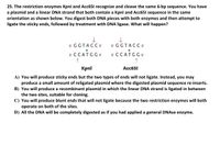 25. The restriction enzymes Kpnl and Acc651 recognize and cleave the same 6-bp sequence. You have
a plasmid and a linear DNA strand that both contain a Kpnl and Acc651 sequence in the same
orientation as shown below. You digest both DNA pieces with both enzymes and then attempt to
ligate the sticky ends, followed by treatment with DNA ligase. What will happen?
5' GGTACC3'
5' GGTACC3'
3 CCATGGS 3 CCATGGS
Kpnl
Aсс651
A) You will produce sticky ends but the two types of ends will not ligate. Instead, you may
produce a small amount of religated plasmid where the digested plasmid sequence re-inserts.
B) You will produce a recombinant plasmid in which the linear DNA strand is ligated in between
the two sites, suitable for cloning.
C) You will produce blunt ends that will not ligate because the two restriction enzymes will both
operate on both of the sites.
D) All the DNA will be completely digested as if you had applied a general DNAse enzyme.
