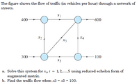 The figure shows the flow of traffic (in vehicles per hour) through a network of
streets.
X1
-600-
400
X2
X4
X3
300-
100
X5
a. Solve this system for x;, i = 1,2,...,5 using reduced echelon form of
augmented matrix.
b. Find the traffic flow when x3 = x5 = 100.
