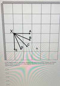 YE
In the diagram above, two plates charged with identical positive charges are shown.
Which of the arrows shown in the diagram show the correct direction of the net
electric field at point X?
OA
O0
OE
A B
