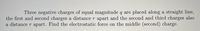 Three negative charges of equal magnitude q are placed along a straight line,
the first and second charges a distance r apart and the second and third charges also
a distance r apart. Find the electrostatic force on the middle (second) charge.

