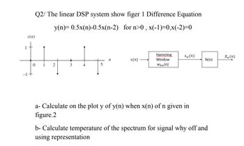 1
x(n)
Q2/ The linear DSP system show figer 1 Difference Equation
y(n)=0.5x(n)-0.5x(n-2) for n>0, x(-1)=0,x(-2)=0
n
x(n)
0 1 2
3
4
5
Hamming
Window
Whw(n)
xw(n)
Xw (n)
h(n)
-1+
a- Calculate on the plot y of y(n) when x(n) of n given in
figure.2
b- Calculate temperature of the spectrum for signal why off and
using representation