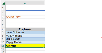 1
~ 34
2
3 Report Date:
4
A
5
6
7
Joan Dickinson
8 Marley Bubble
9 Bob Roberts
10 Peggy Moore
11 Average
12
13
Employee