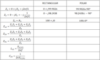 RECTANGULAR
POLAR
Z1 = 0 + jX1 = j2nfL
0 + j99.9026
99.9026490°
0 - j98.2438
1
Z2 = 0 – jXc = -j:
2nfC
98.24384 – 90°
Z3 = R3
100 + j0
10020°
Z,Z2 + Z2Z3 + Z3Z1
Z12
Z3
Z,Z2 + Z2Z3 + Z3Z1
Z23
Z1
Z,Z2 + Z,Z3 + Z3Z1
Z31
Z2
XL(12)
L12
2nf
1
C23
2nXc(23)
