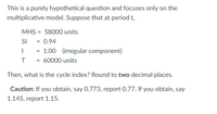 This is a purely hypothetical question and focuses only on the
multiplicative model. Suppose that at period t,
MHS = 58000 units
%3D
SI
= 0.94
1.00 (irregular component)
%3D
= 60000 units
Then, what is the cycle index? Round to two decimal places.
Caution: If you obtain, say 0.773, report 0.77. If you obtain, say
1.145, report 1.15.
