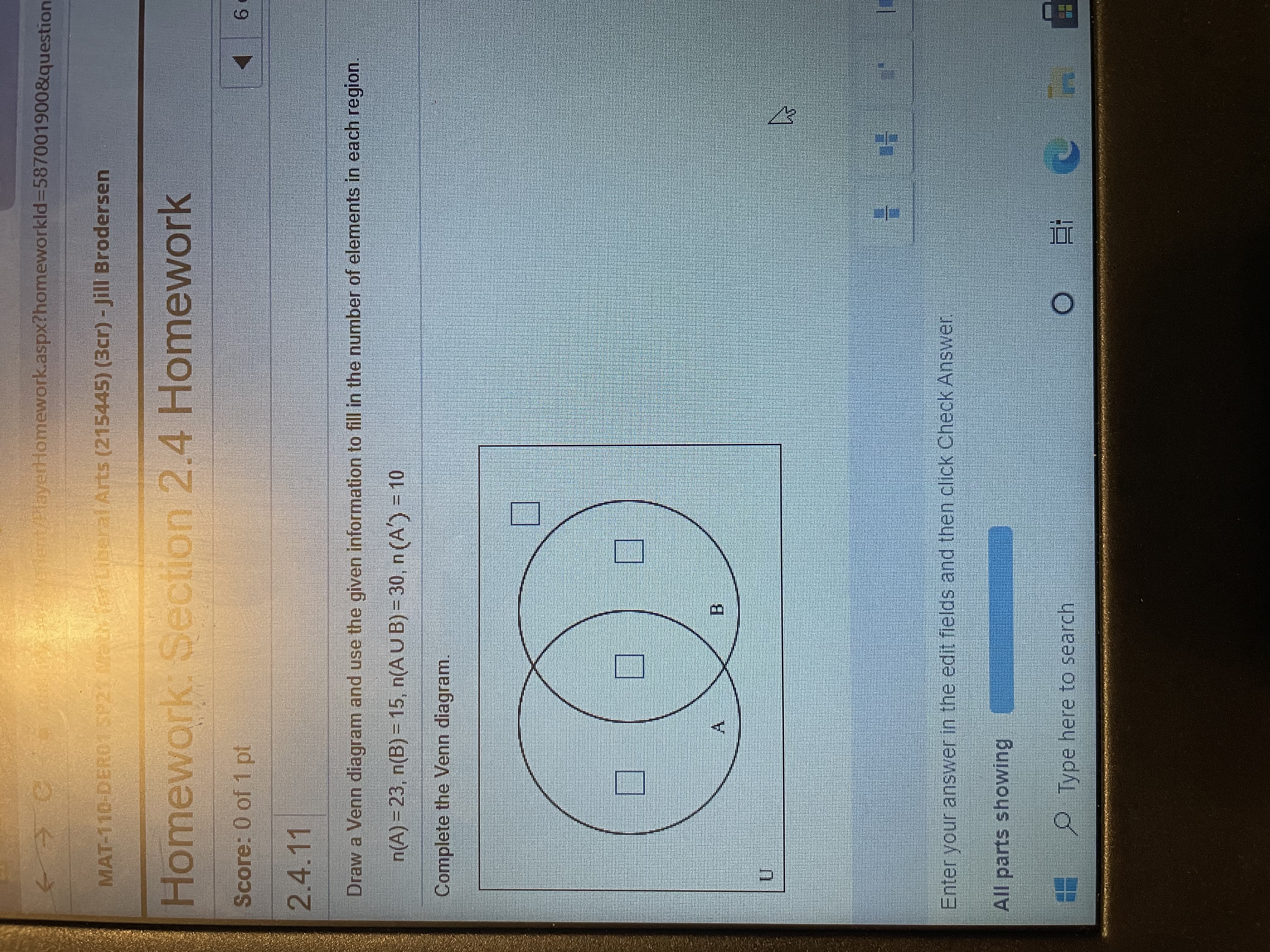 Draw a Venn diagram and use the given information to fill in the number of elements in each region.
n(A) = 23, n(B) = 15, n(AUB) = 30, n (A') 10
