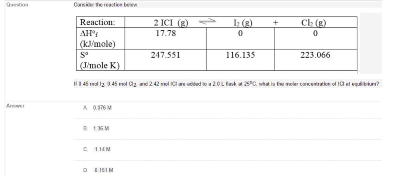 Question
Consider the reaction below.
|Reaction:
C2 (g)
I2 (g)
2 ICI (g)
<
17.78
AH°f
| (kJ/mole)
S°
247.551
116.135
223.066
(J/mole K)
If 0.45 mol 12, 0.45 mol Cl2, and 2.42 mol ICI are added to a 2.0 L flask at 25°C, what is the molar concentration of ICI at equilibrium?
Answer
A. 0.076 M
B. 1.36 M
C.
1.14 M
D. 0.151 M
