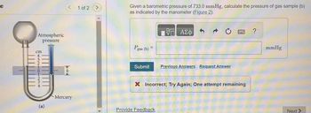 e
Atmospheric
pressure
432:
(a)
<
1 of 2
>
Given a barometric pressure of 733.0 mmHg, calculate the pressure of gas sample (b)
as indicated by the manometer (Figure 2).
Pgas (b) =
ΜΕ ΑΣΦ
Submit Previous Answers Request Answer
× Incorrect; Try Again; One attempt remaining
Mercury
Provide Feedback
?
mmHg
Next >>