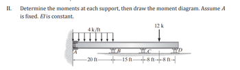 II. Determine the moments at each support, then draw the moment diagram. Assume A
is fixed. El is constant.
4 k/ft
-20 ft-
12 k
↓
BC
15 ft 8 ft-8 ft--
D