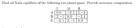 Find all Nash equilibria of the following two-player game. Provide necessary computation.
L
M
R
A 0,0
в (2,—1| 0,0
C -2,1 | 2, –1 0,0
-2,1 | 2, –1
-2, 1
