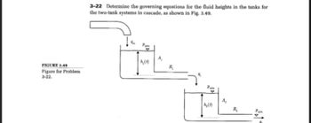 FIGURE 3.49
Figure for Problem
3-22.
3-22 Determine the governing equations for the fluid heights in the tanks for
the two-tank systems in cascade, as shown in Fig. 3.49.
h₂ (1)
R₁
h₂(1)
A₂
R₂